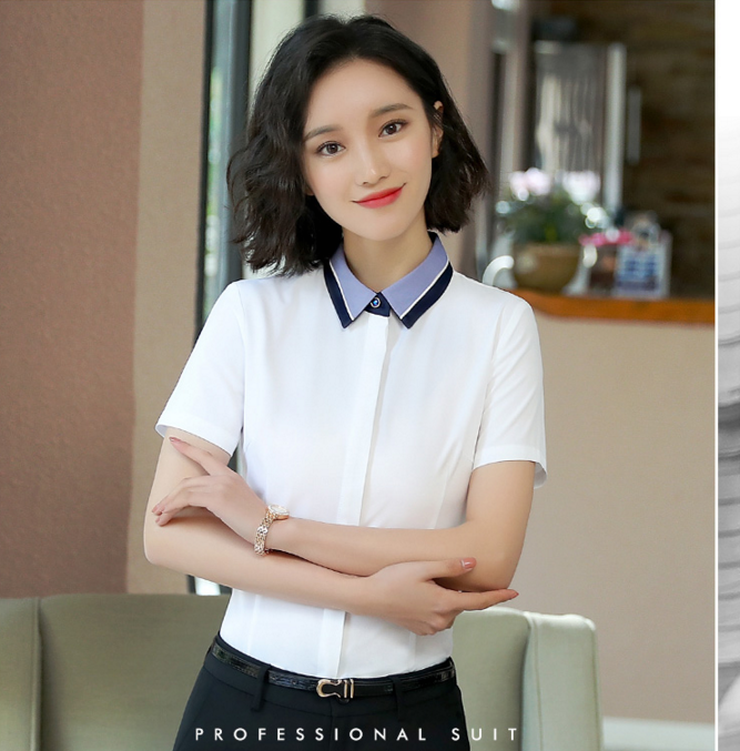 韩版白色蓝色女衬衫短袖夏装半袖工作服正装工装职业套装女衬衣套装OL
